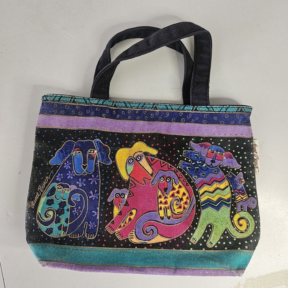 Vintage Laurel Burch‎ Tote Bag Small Dogs and Doggies Canvas Purse Colorful Art